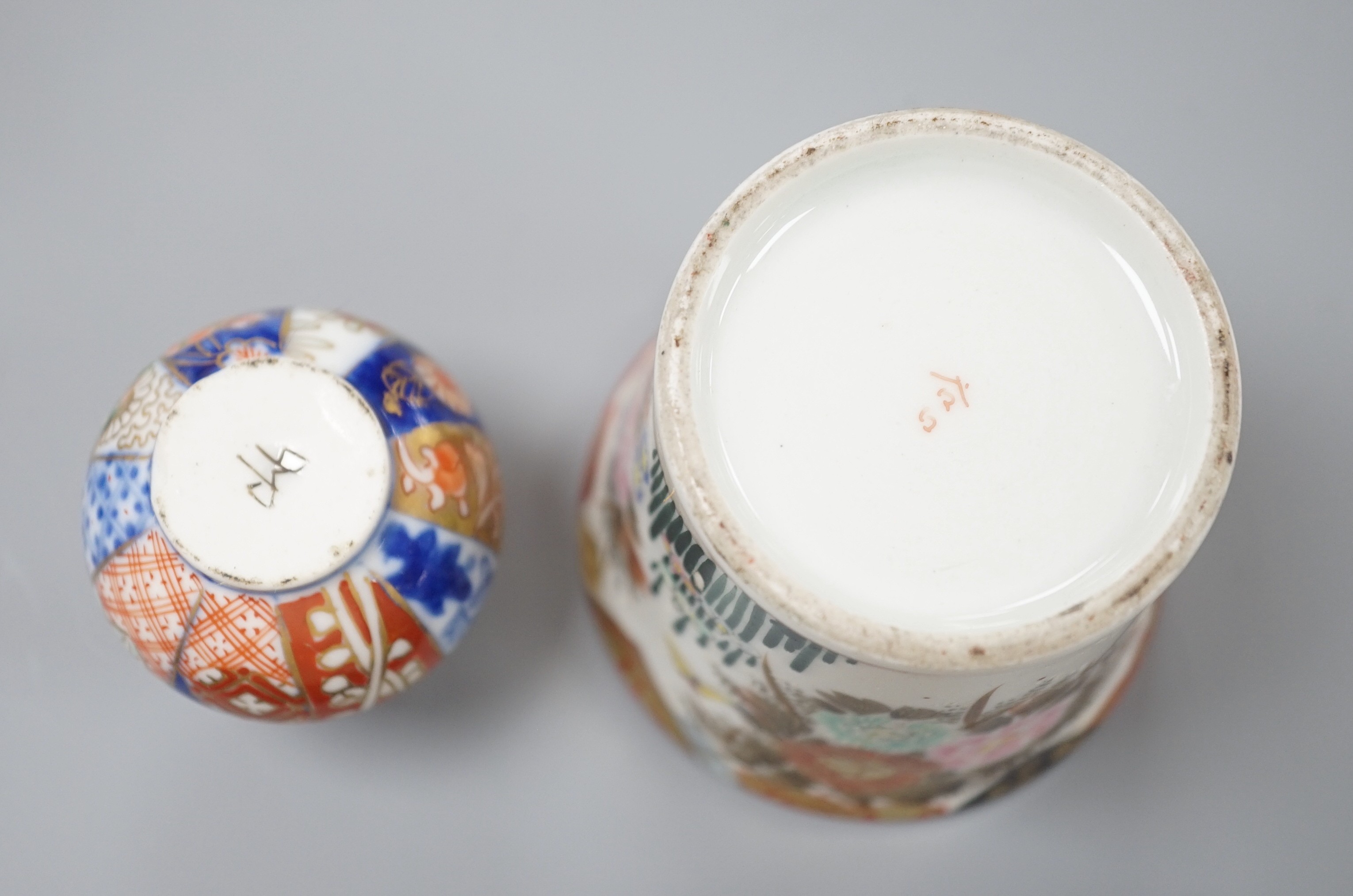 A group of Japanese small or miniature Kutani and Imari vessels and three Satsuma pottery mounted brooches, largest 11.7cm